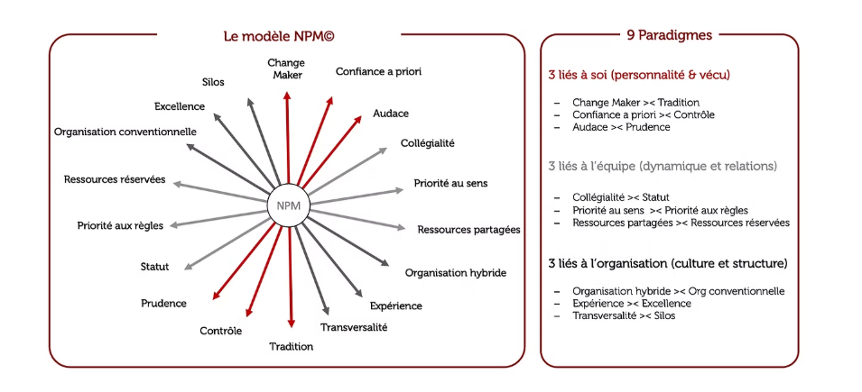 Schéma du modèle NPM avec les neuf paradigmes liés à soi, à l’équipe et à l’organisation
